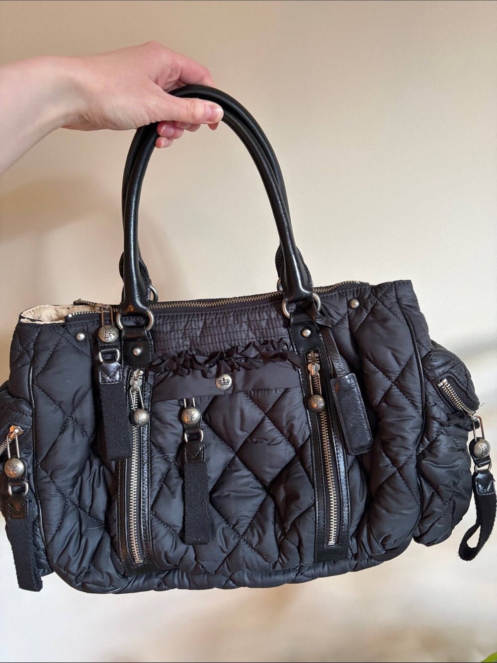 Vintage Juicy Couture Quilted Black Tote Bag with Dual Top Handles